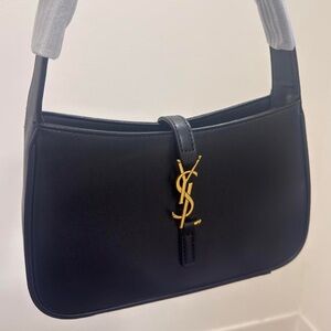Saint Laurent Black Leather Shoulder Bag with Gold YSL Logo